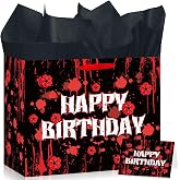 Stranger Birthday Gift Bag Bloody Stranger Birthday Gift Bag with Tissue Paper Card Red Black Spooky Favor Bag Decorations for Kids Men Teens Thrilling Horror Movie Fans Halloween Party Supplies