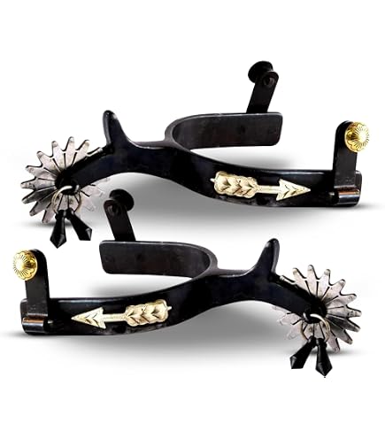 Showman Men's Black Steel Show Spurs - Copper Cross & Silver Praying Cowboy Design, Horse Tack (Pair)