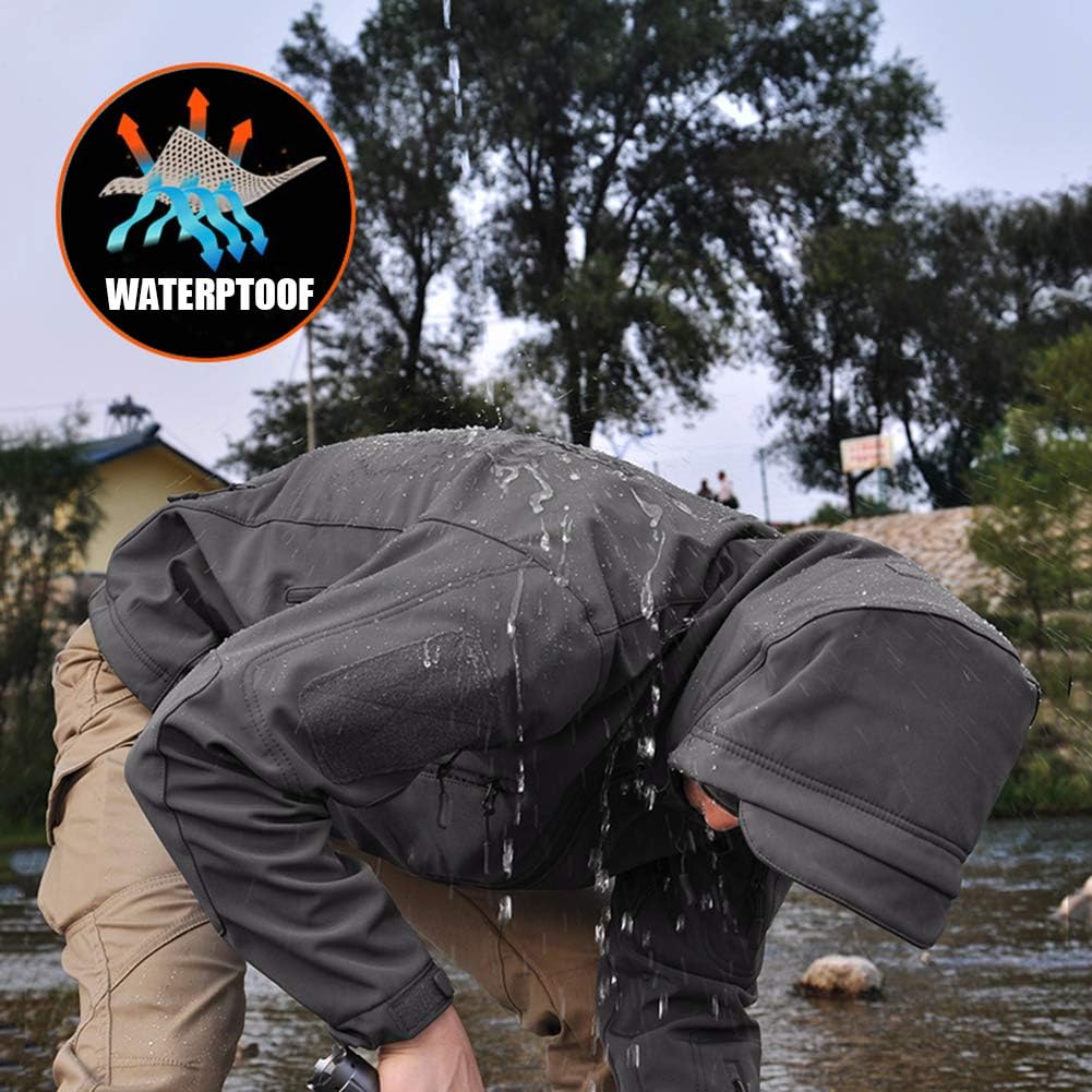 CARWORNIC Men's Outdoor Waterproof Soft Shell Hooded Tactical Jacket Warm Fleece Military Hiking Jacket: Clothing