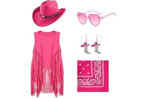 Dwieey Cowgirl Outfits for Girls Kids 6 Pcs Western Costume Accessories Cowboy Hat Fringe Vest Earring for Halloween Party