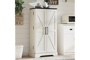ACCOHOHO 47" Kitchen Pantry, Farmhouse Storage Cabinet with Barn Doors, Organizer and Adjustable Shelves, Rustic Wood Cupboard for Kitchen, Dining Room, Bathroom and Hallway, Off White