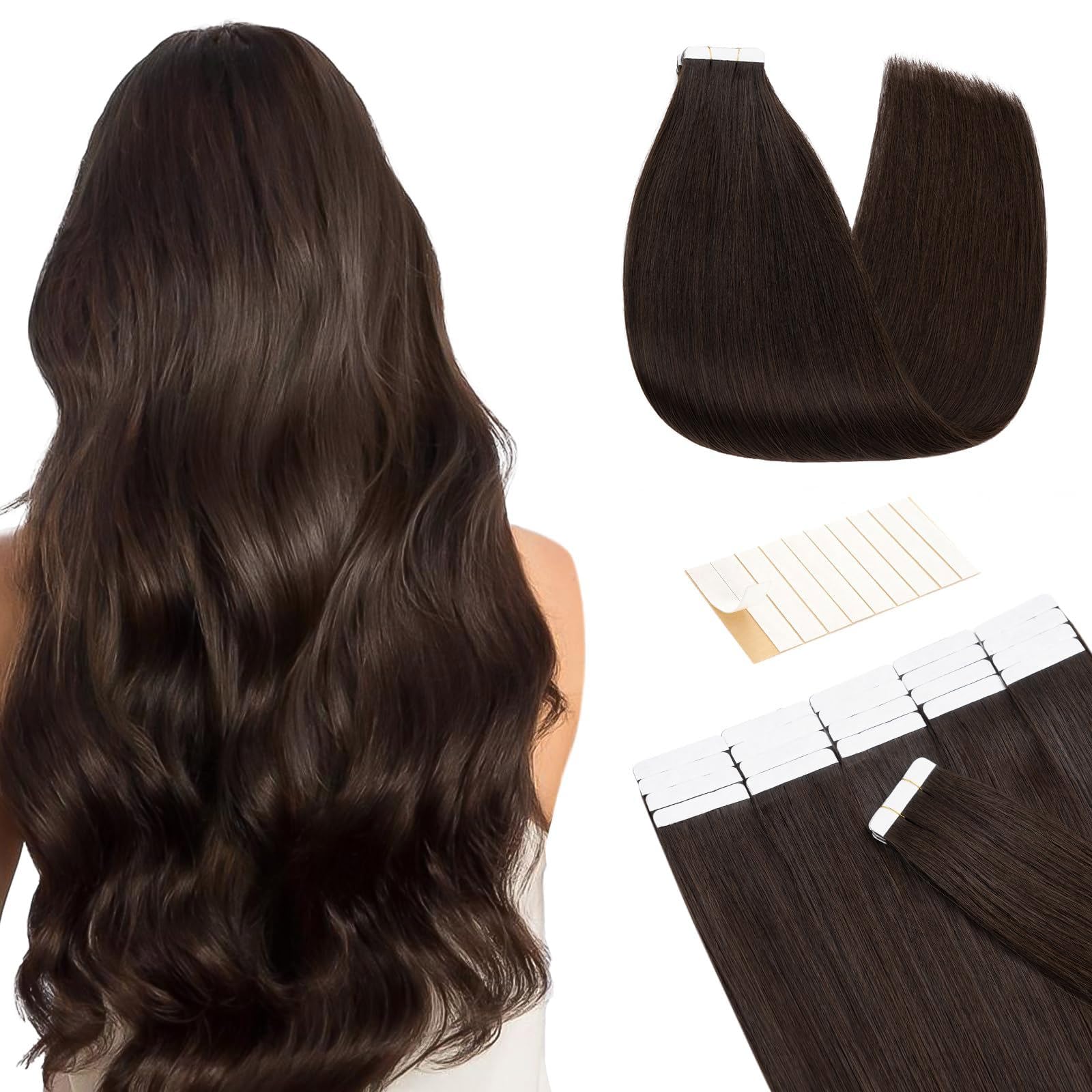 TESS Tape in Hair Extensions Human Hair 10 PCS #02 Dark Brown - 16 Inch Seamless Invisible Real Hair Extension Straight 25g