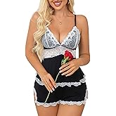 Crexomi Women's Sexy Pajama Set Lace V Neck Camisole Lingerie Nightwear Cami PJ Sets with Elastic Waist Slit Shorts
