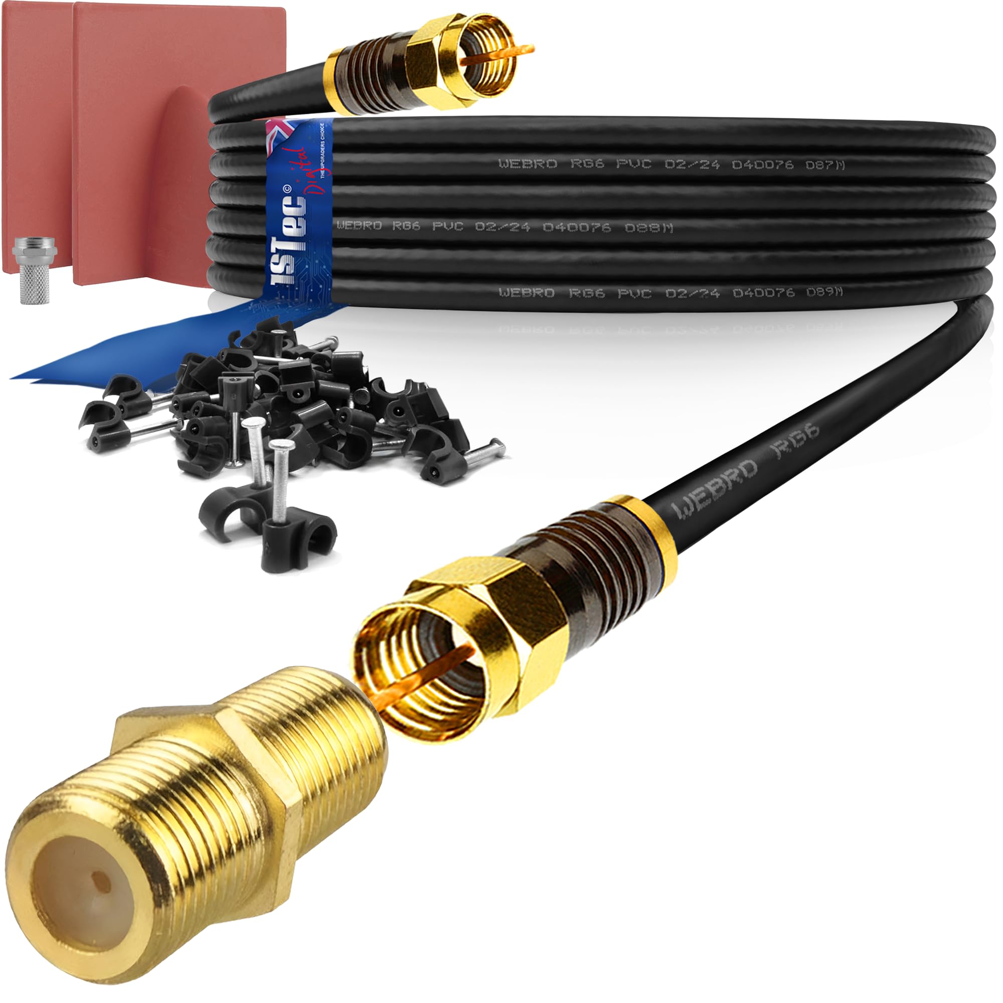 1STec 30m Long Black Gold Plated Male to Male Super Fast Virgin Media Webro RG6 Extension Cable with Female Joining Coupler for V6 TIVO Set Top Box or VIVID Fibre Super Hub Broadband Modems 30 Metre