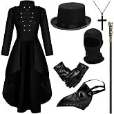 Vinsatin 7 Pieces Plague Doctor Costumes for Women | Gothic Tailcoat Dress with Bird Mask, Hat, Gloves, Cross Necklace, Skull Cane for Scary Halloween Cosplay Party Outfit