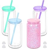 16 oz Plastic Snow Globe Tumbler, 4 Pack Double Wall Snowglobe Tumbler with Pre Drilled Hole, Plastic Mason Jar Cups Can for Snow Globe Glitter DIY ( Mixed Colors )