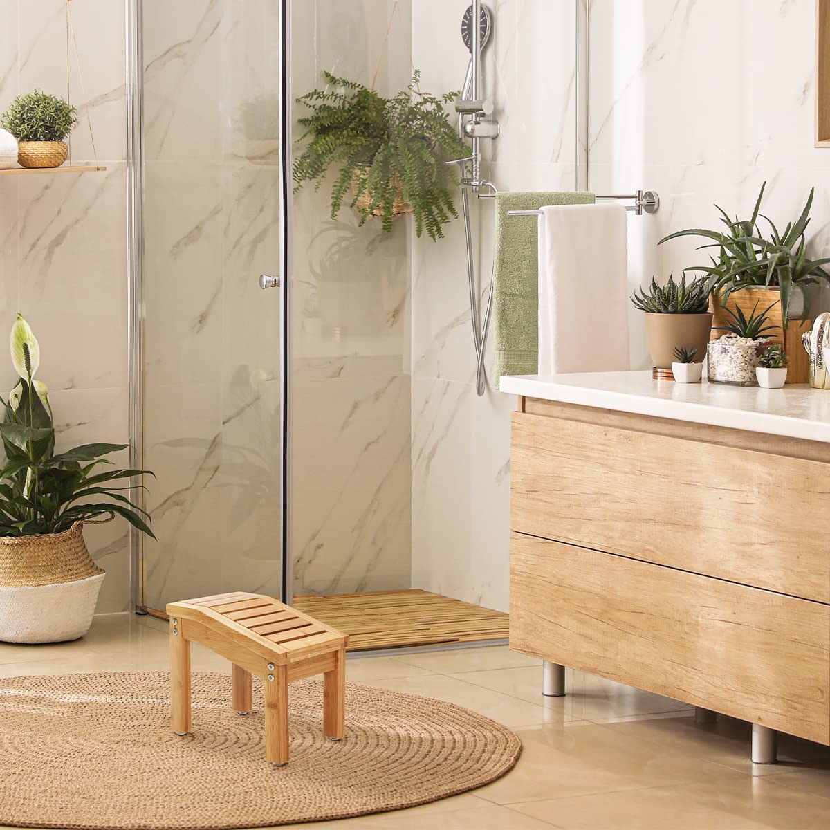 OasisSpace Shower Foot Rest - Small Shower Foot Stand for Shaving Legs & Pedicure, Waterproof Bathtub Shower Foot Stool with Non-Slip Sturdy Feet, Bamboo Shower footrest Perfect for Indoor & Outdoor