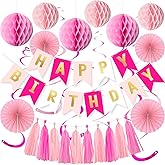 Pink Birthday Decorations Set for Women Girls Happy Birthday Banner Honeycomb Balls Paper Fans Hanging Swirl Streamers Tassels Complete Pink Birthday Party Decor Supplies