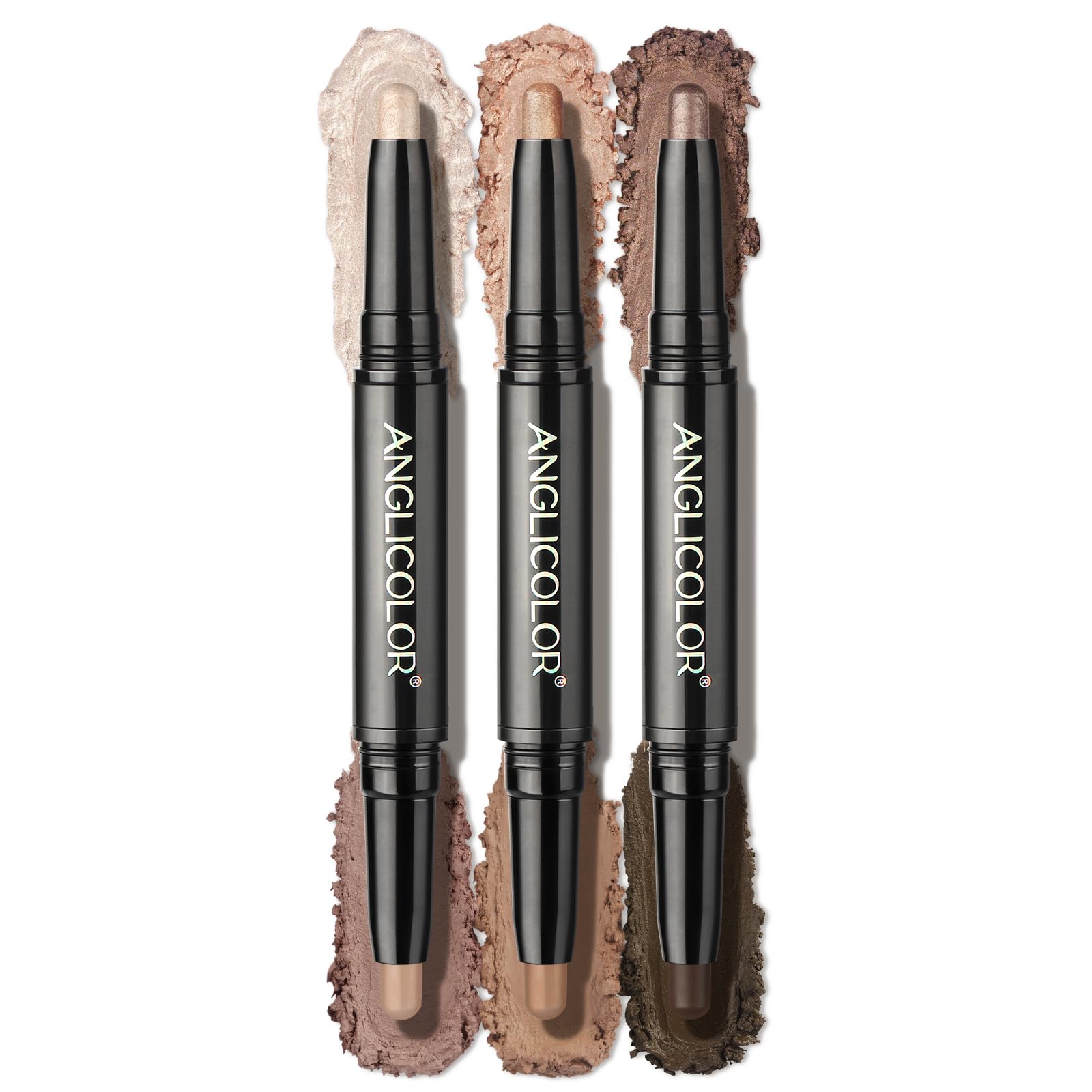 Anglicolor 3PCS Dual Ended Cream Eyeshadow Stick, Crème to Powder, Brown Eyeshadow Stick, Glitter & Matte Shades, Soomth, Waterproof & Long Lasting, Blendable Glitter Eye Makeup