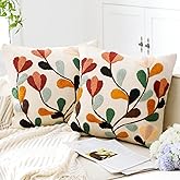 FuWeave 2 Pcs Boho Floral Embroidered Decorative Throw Pillow Covers with Zipper 18 x 18 Inch Colorful Boho Embroidered Pillow Covers Aesthetic Decor for Couch Sofa Housewarming Gifts