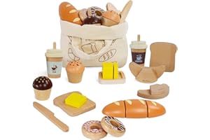 PairPear Wooden Bakery Toy Food Playset,Kids Pretend Play Food Kitchen Accessories with Shopping Bag,Toddlers Cutting Food Gift for Boys and Girls 3 Years and Up