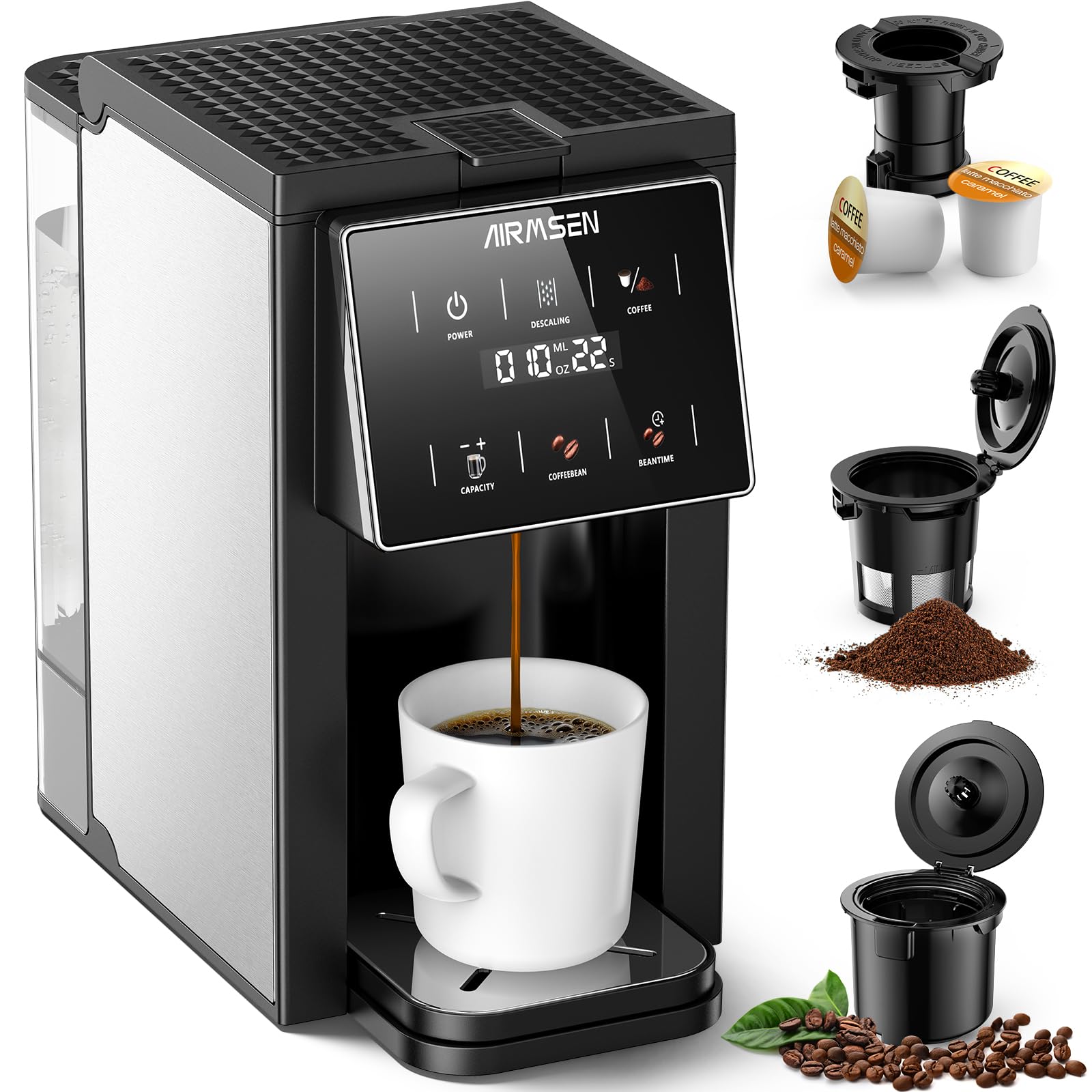 Photo 1 of AIRMSEN Grind & Brew Coffee Maker with Grinder - Single Serve Machine Compatible with K-Cup Pods & Ground Coffee, 1000W Fast 6-14oz Brewer, Descaling Alert, Touchscreen & 50oz Removable Tank