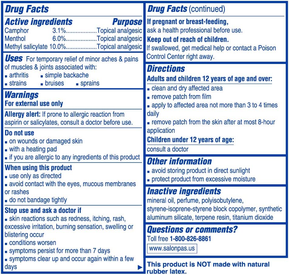 Salonpas, Pain Relieving Patch, LARGE, 6 Count (Pack of 1), Pain Relieving Patch for Back Pain, Neck Pain, Shoulder Pain, Knee Pain, Muscle Soreness and Pain, Joint Pain, Up to 8 Hours of Pain Relief: Health & Personal Care