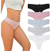 VKME Cotton Lace Thong For Women No Show T Back Low Waist Underwear Ladies Seamless Panties Soft Tanga 5-Pack