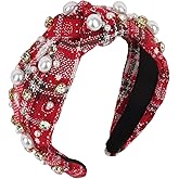 Oblihumoy Christmas Pearl and Diamond Knotted Headband Red for Women Wide Hairband Christmas Holiday Party Headband Xmas Snowflake Plaid Decorations Hair Accessory Gifts for Girls