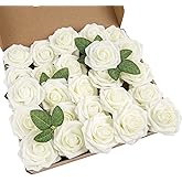 Exoment 25pcs Artificial Flower Foam Rose Real Touch Roses Flower Heads with Stem for DIY Wedding Bouquets Centerpieces Arrangements Party Baby Shower Home Decor (Ivory)