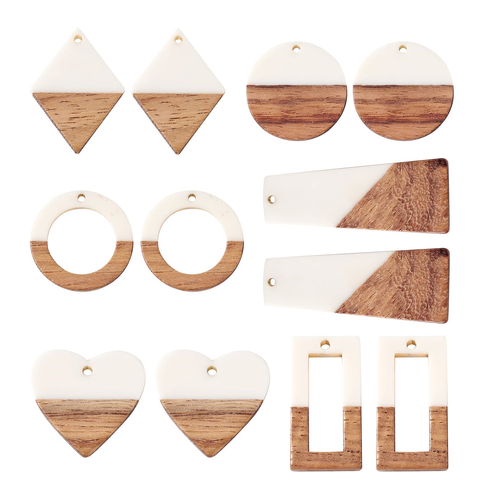 PandaHall 12pcs Resin Wooden Earring Pendants Flat Round & Ring & Rectangle & Rhombus & Heart & Trapezoid Earring Charms Vintage Resin Wood Statement for Earring Jewelry Making