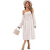 R.Vivimos Summer Dress for Women Long Sleeve Casual Plaid Print Smocked Off Shoulder A-Line Midi Dress