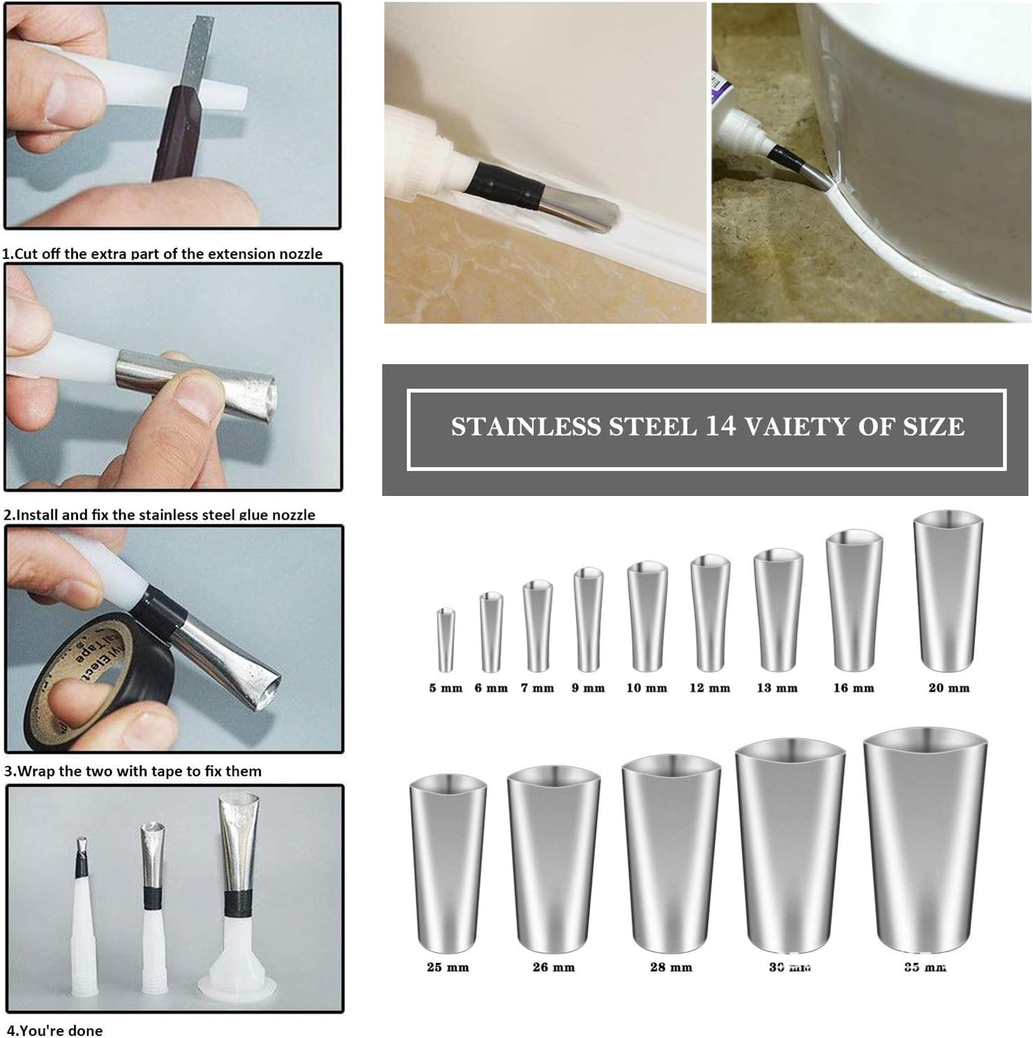 Cingfanlu 6 in 1 Silicone Caulking Tools, Caulking Tool Set Stainless Steel Sealant Caulk Nozzle Kit, Applicator Finisher Kit Sealant Finishing Tool, Caulk Scraper for Kitchen Window Sink Joint - - 