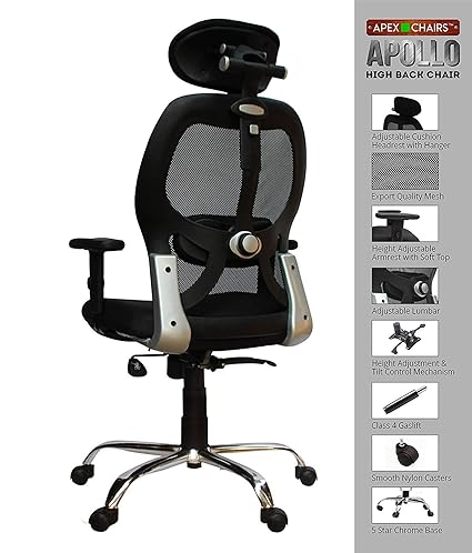 SAVYA HOME APEX Chairs Apollo Chrome Base High Back Office Chair Adjustable Arms (Black)