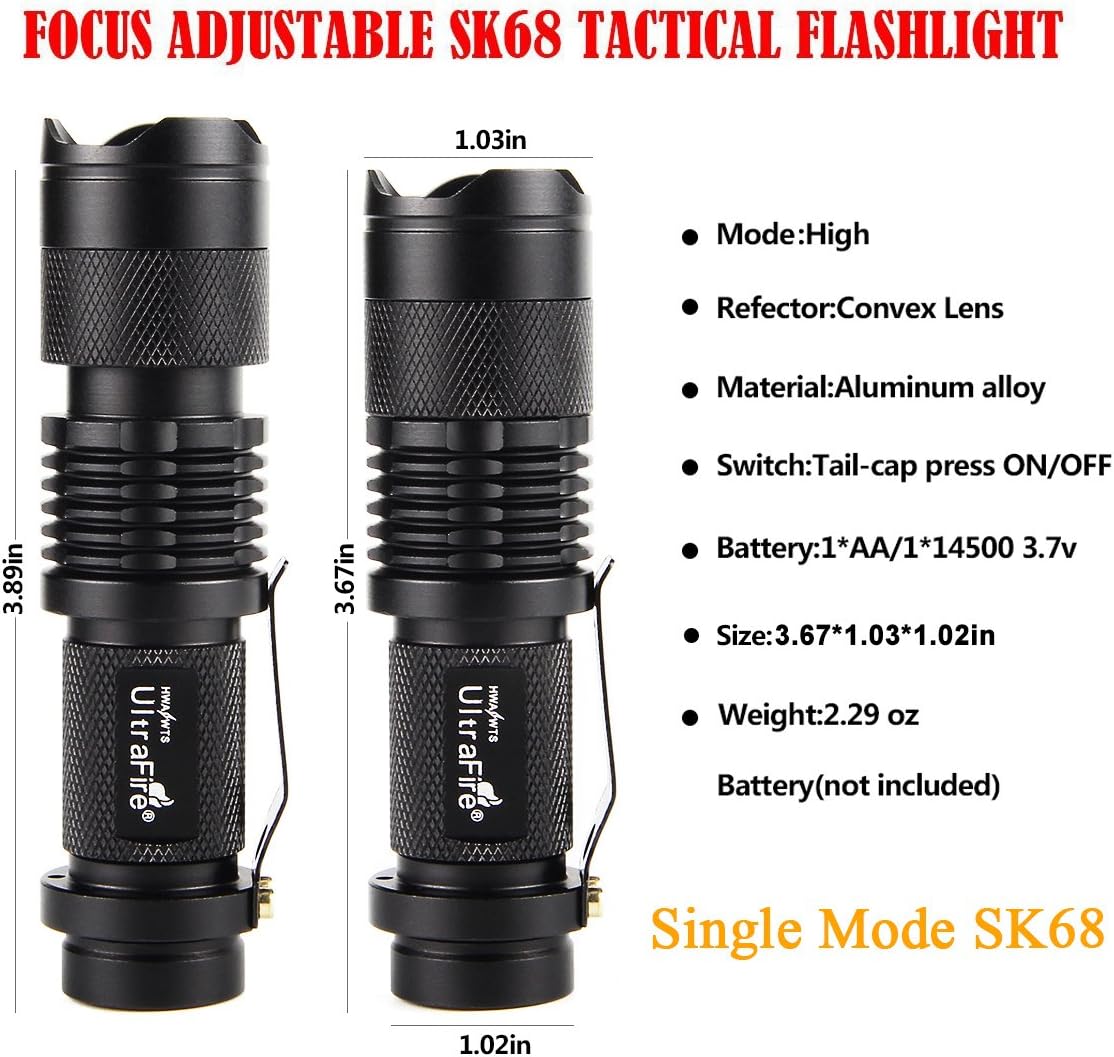 3 Pack UltraFire Mini Flashlights Focus Adjustable SK68 Single Mode Tactical LED Flashlight, Ultra Bright 300 Lumens Torch - - 