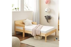MUSEHOMEINC 2 in 1 Convertible Toddler Bed,Multifunctional Solid Wood Kids Bed w/ 2 Side Guardrails, Children Bed Frame Convert to one Chair/Sofa, Fits Standard Crib Mattress,(Mattress not Included)