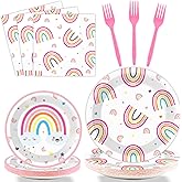 WIFUNUE 96 PCS Rainbow Party Plates Napkins Rainbow Themed Party Tableware Rainbow Dessert Disposable Paper Plates Napkins Birthday Baby Shower Party Decorations Supplies Favors for 24 Guests