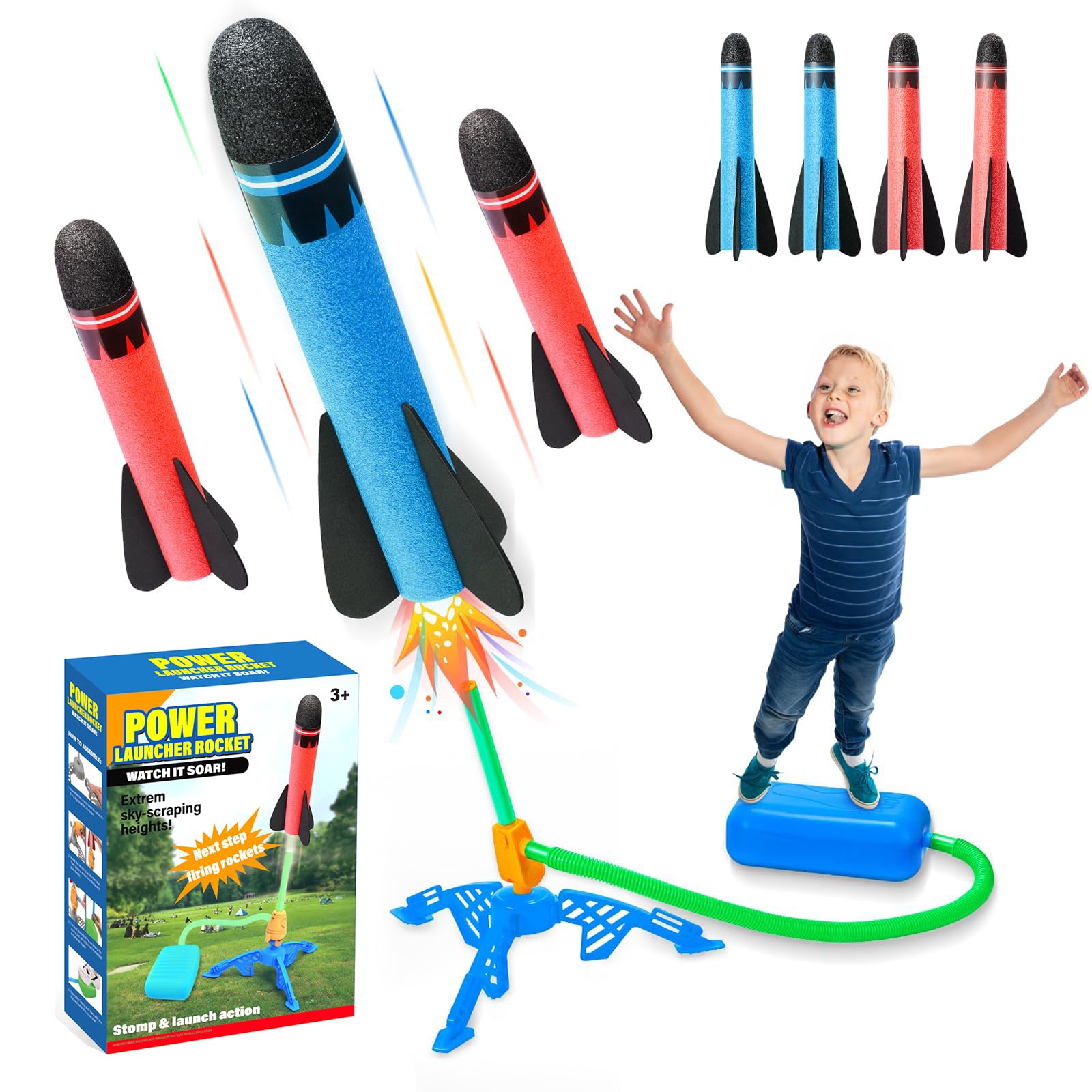 FreeSkill Launcher-Outdoor-Rocket Adjustable-Rocket Launcher for Kids - 4 Foam Rockets Outdoor Toy Set | Fun Rocket Toy for Boys and Girls