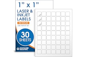 1" X 1" Square Printable Labels for Inkjet and Laser Printers - 30 Sheets, 1890 Matte White Custom Labels for Price Tags, QR Code Stickers, and Barcodes - Spartan Industrial Template S001