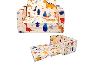 Truwelby Kids Sofa Toddler Couch, Children's 2 in 1 Convertible Sofa to Lounger, Extra Soft Flip Open Chair Sofa Bed, Cute Dinosaur Print Toddler Chair for Kids Girls Boys (Grass Dinosaur, Medium)