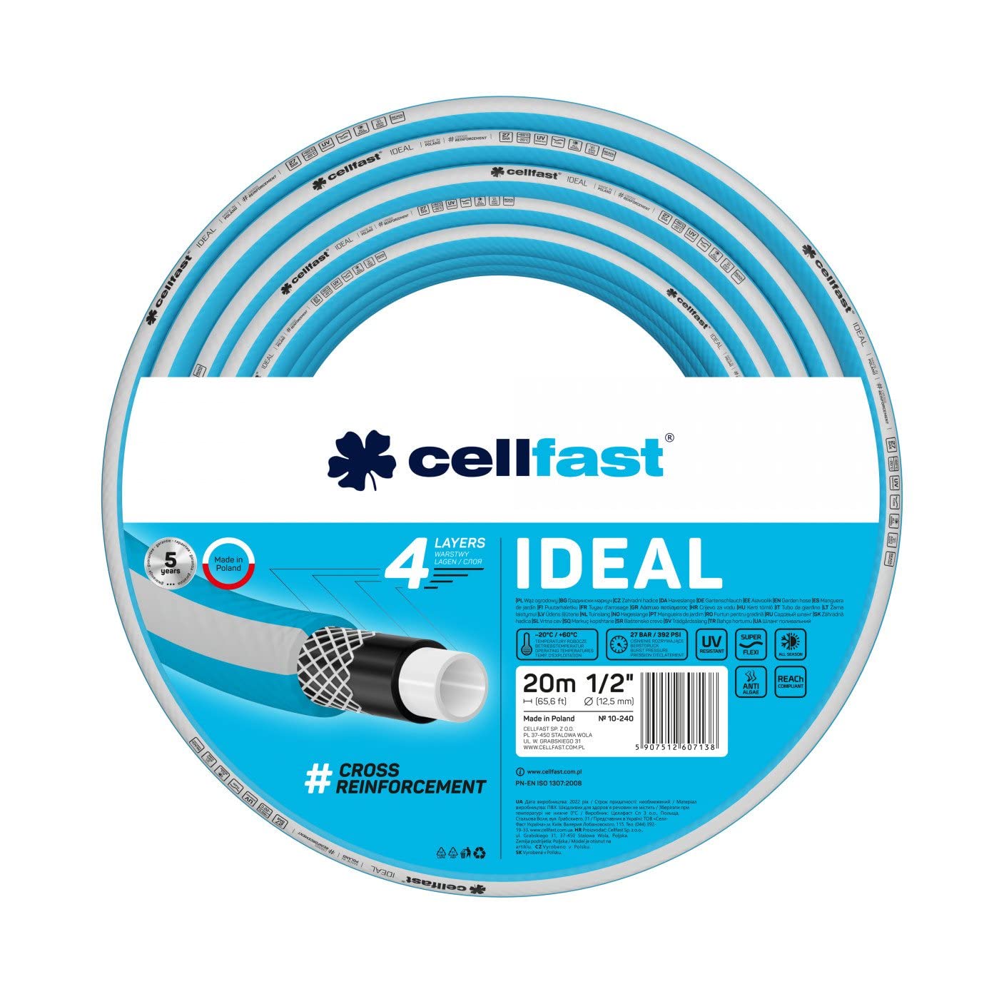 Cellfast Ideal Garden Hose, Durable, Flexible, 4-ply, Durable Cross Braid, UV and Algae Resistant, Reach Technology, 27 bar, -20/+60° Short-Term 1/2 inch, 20 m