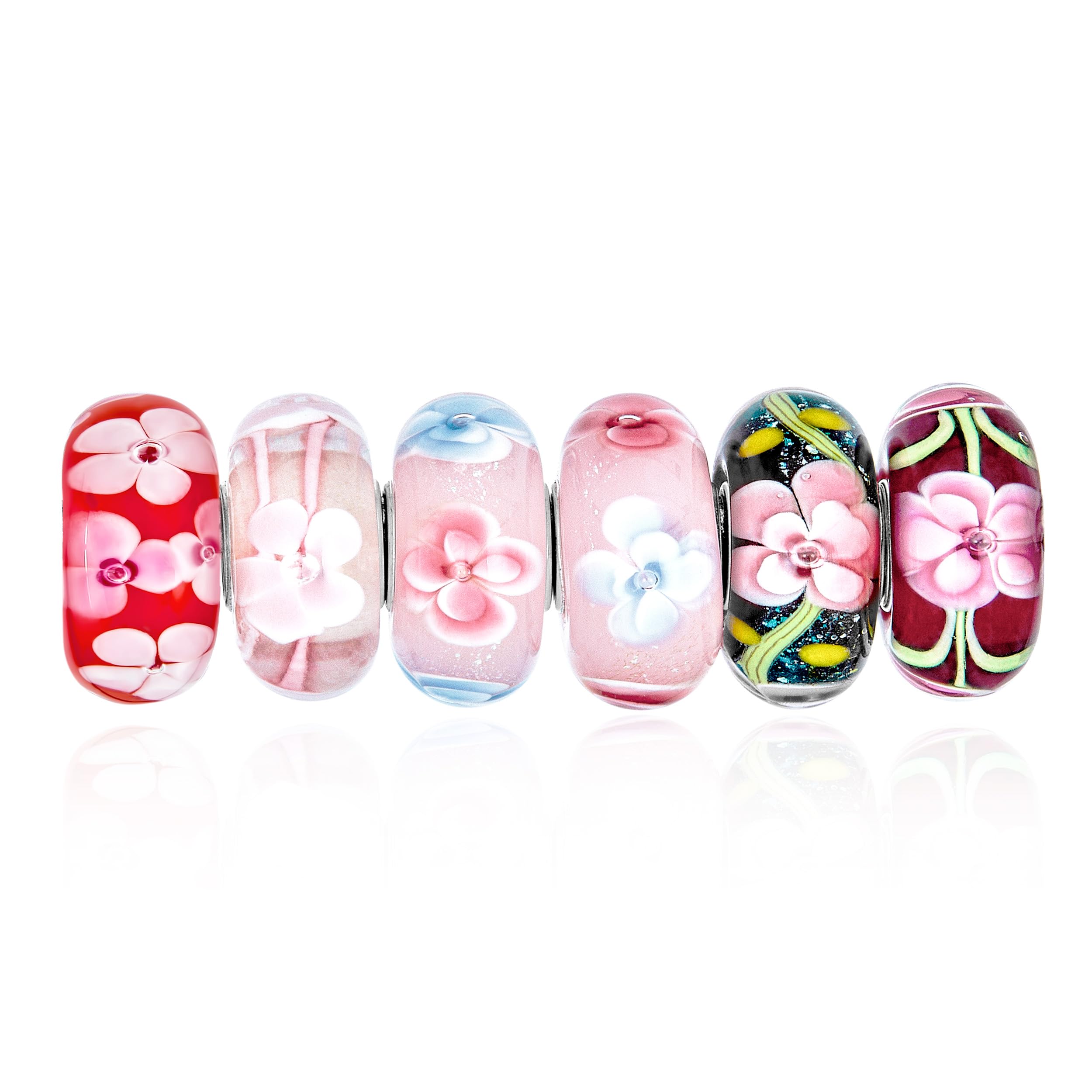 Bling Jewelry Mixed Set Of 6 Bundle .925 Sterling Silver Core Translucent Shades Of Red Pink Flower Rose Floral Murano Glass Charm Bead Spacer Fits European Bracelet For Women Teen