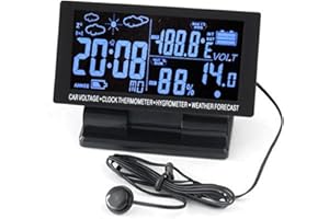 Riloer Car LCD Digital Multifunctional Clock 12V/24V Thermometer Hygrometer Weather Forecast Temperature Alarm 4 in 1 with 1.5m Cable