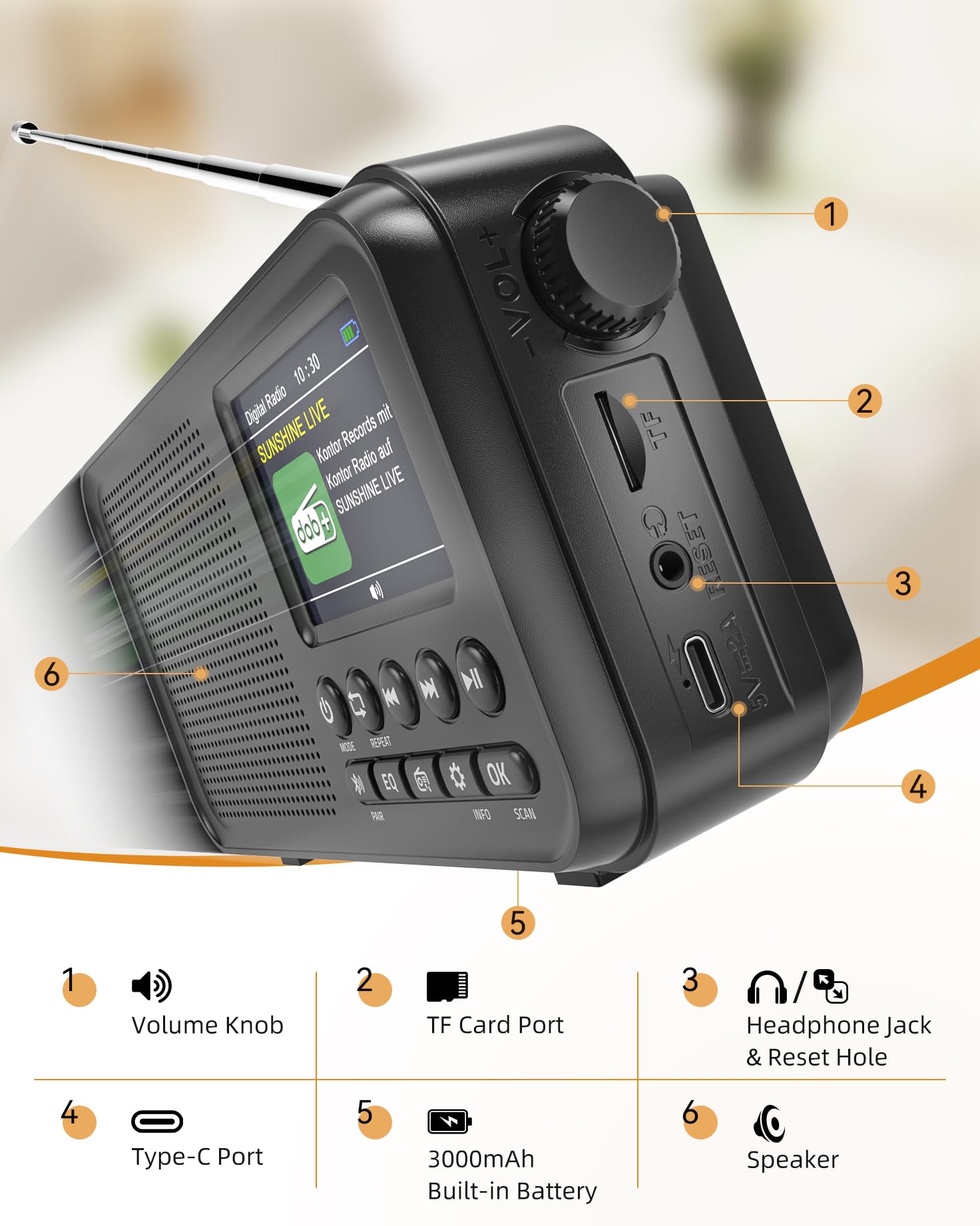 Tragbares DAB+ Radio mit Bluetooth, UKW/DAB Digitalradio mit 2,4" Farbdisplay, 80 Senderspeicher, 3000mah Akku oder Netzbetrieb, Support TF-Karte/Wecker/Sleeptimer/Klinken, Für Küche, Camping, Garten 2