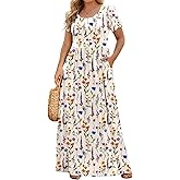 IN'VOLAND Plus Size Maxi Dresses for Women Summer Petal Short Sleeve Dress Casual Loose Flowy Long Sundress with Pockets
