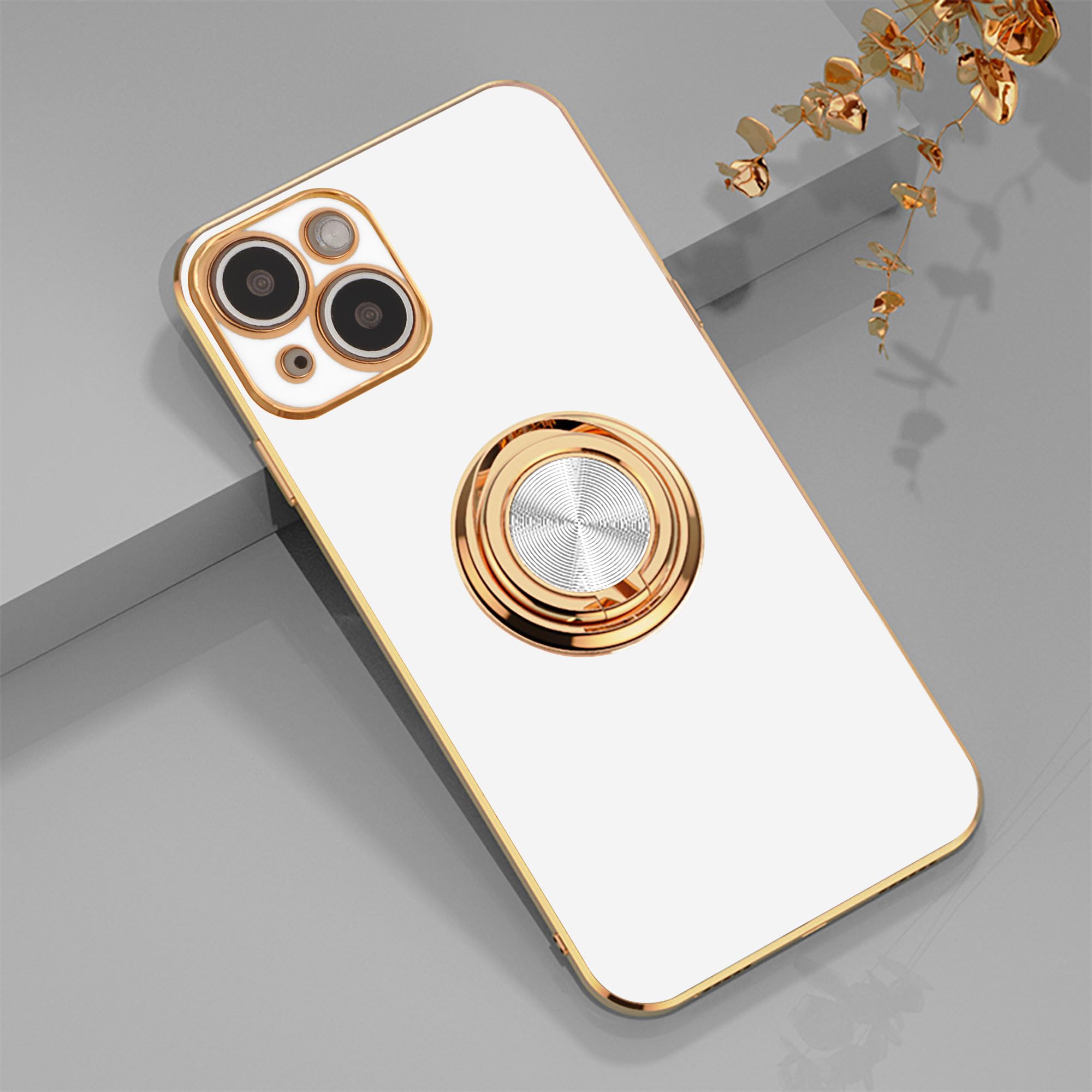 EYZUTAK Electroplated Magnetic Ring Holder Case for iPhone 15 Plus, 360 Degree with Rotation Metal Anti-fall Finger Ring Holder Magnet Car Holder Slim Soft Silicone Shockproof Cover - White — image 1
