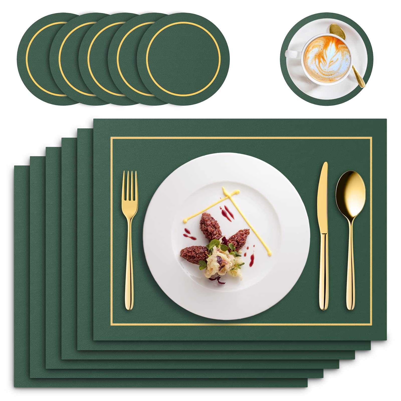 RIWNNI Upgrade Flat Dining Table Mats Placemats and Coaster Sets 6, PU Leather Place Matsats Green, 41x31cm, Kitchen Heat Insulation Table Mats for Home Restaurant Hotel