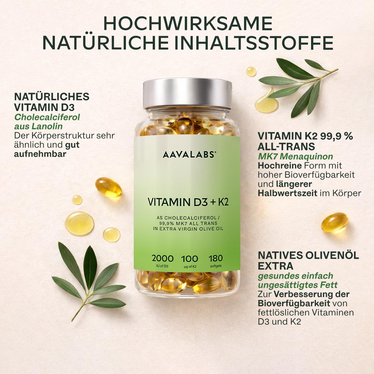 Vitamin D3 K2 hochdosiert mit nativem Olivenöl - Vitamin D 2000 IE + Vitamin K2 MK7 100μg - Sonnenvitamine Vitamin D K2 GMO-, gluten- und laktosefrei 180 Vitamin D3 K2 Kapseln hochdosiert 4