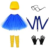 6Pcs Halloween Costume Set for Adult Yellow Beanie Hat Blue Tutu Dress Black Round Frame Glasses Gloves Suspender Leg Warmers