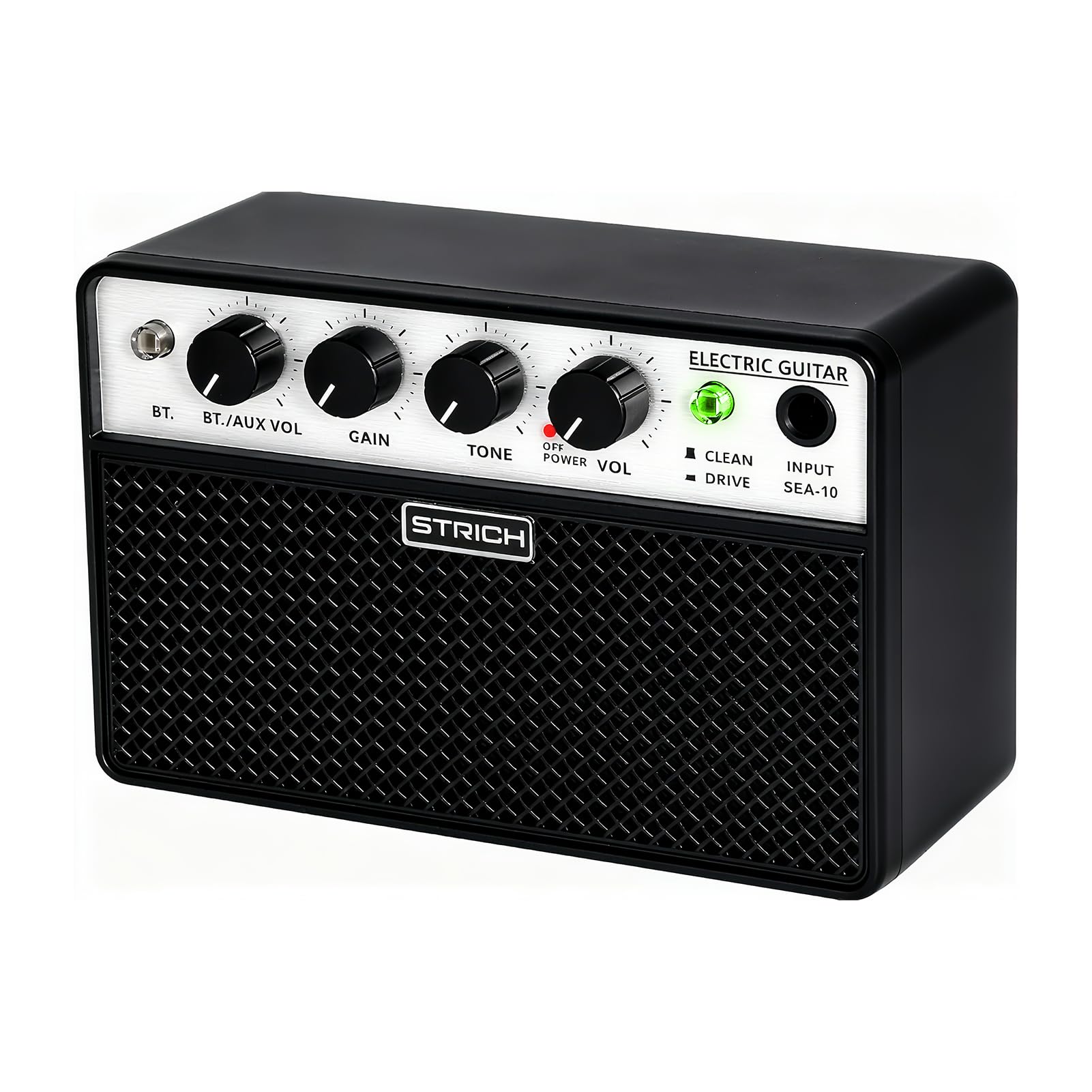 STRICH SEA-10 Electric Guitar Amp, 2 x 5 W Compact Portable Wireless Amplifier Dual Channel, Clean Drive Switch, Rechargeable Guitar Amplifier with 1/8 Headphone Output for Beginner, Practice, Black