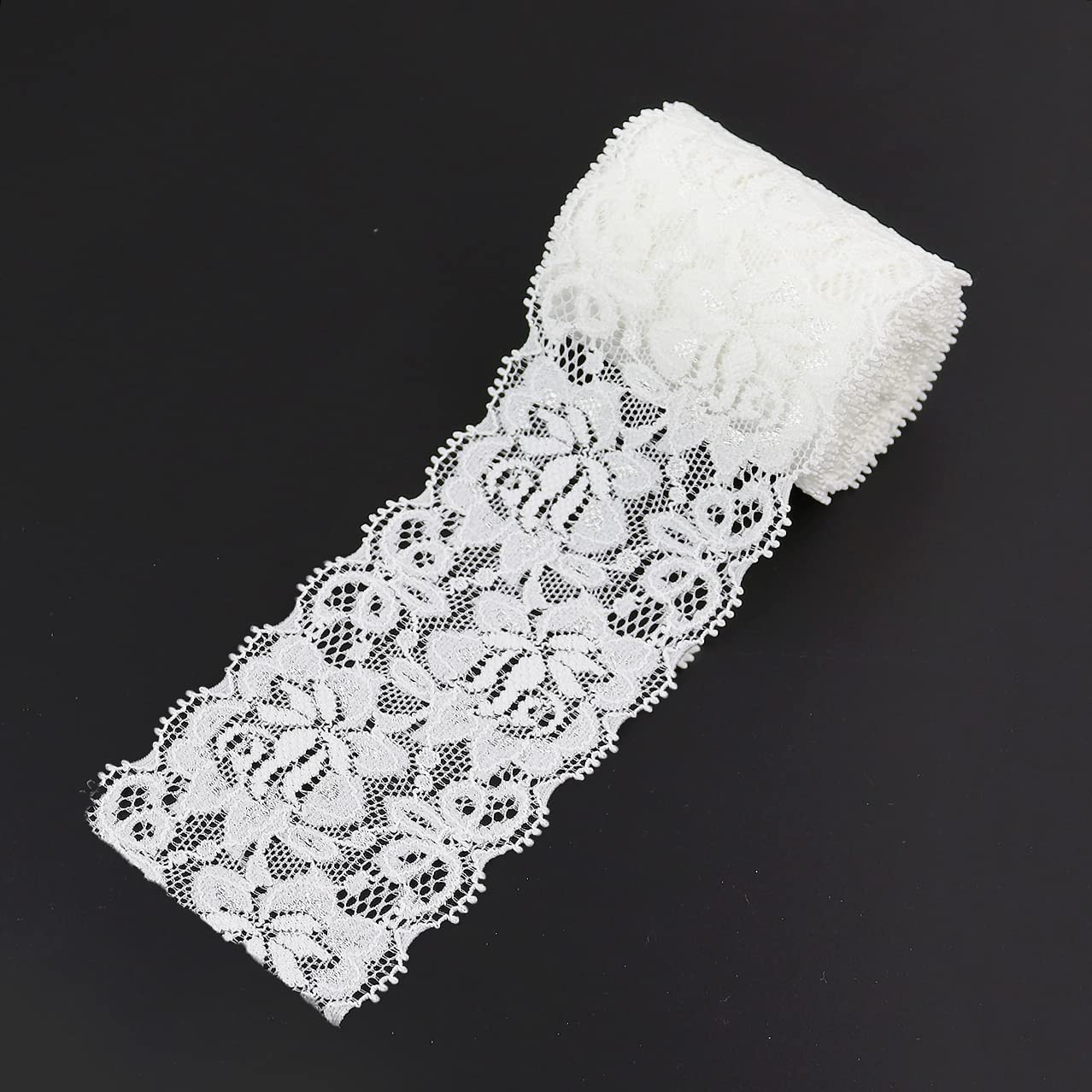 Lace Fabric Lace Ribbon,Floral Lace Trim, Elastic Lace - White & Black lace,Perfect for Crafting,Wedding,Gift Wrapping,Bow Making & Other Projects (2.4 Inch x 5 Yards, White)