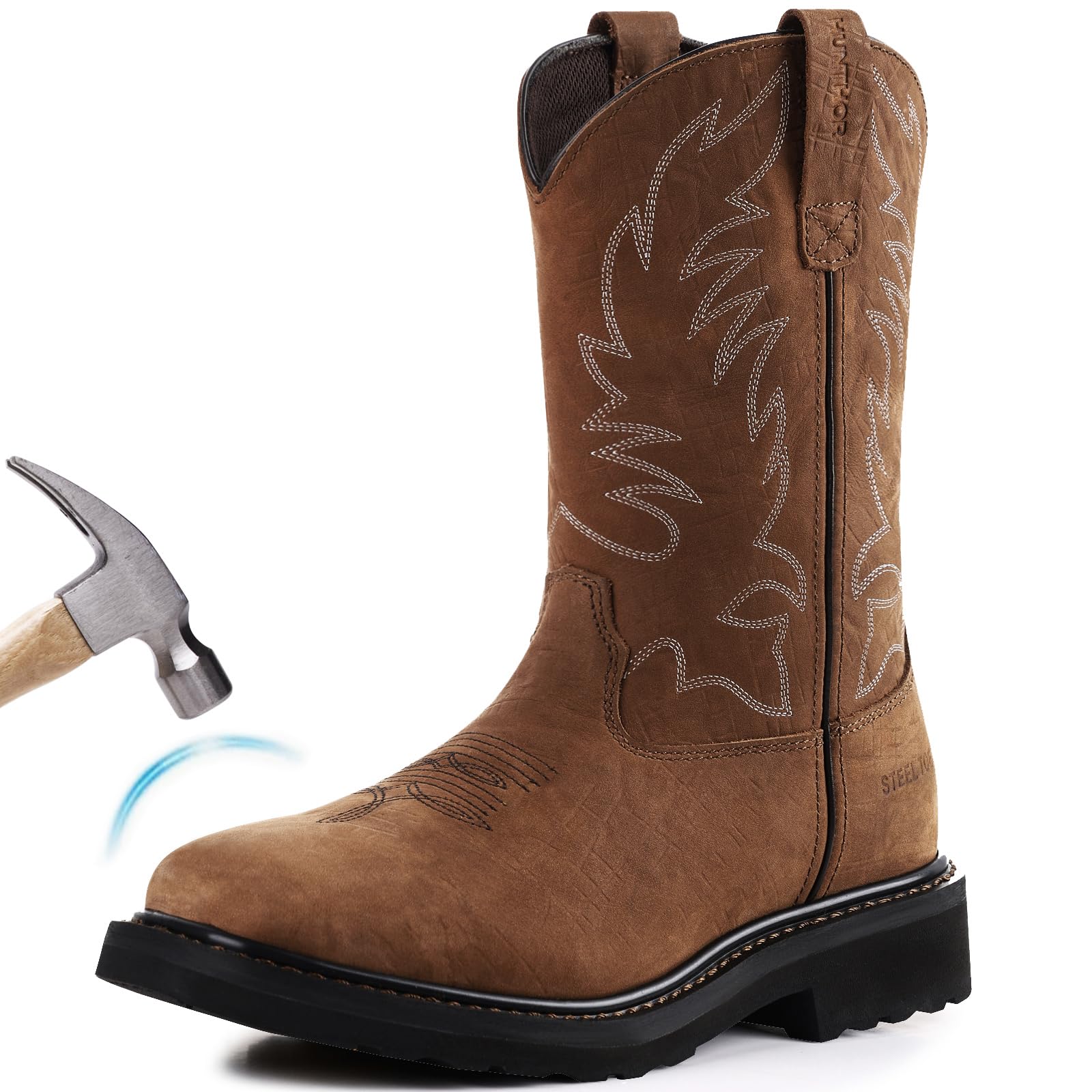 Photo 1 of Hunthor Men's Cowboy Work Boots, Square Steel Toe EVA Mid-Sole with GoodyearWelt Leather Anti Slip Western Boots for Manufacturing, Construction, Farming ?Light Brown, Size 8?