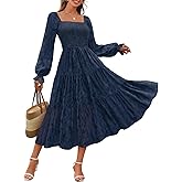 MEROKEETY Women's Fall Long Sleeve Floral Midi Dress Smocked Ruffle Tiered Square Neck Wedding Guest Dresses Pockets