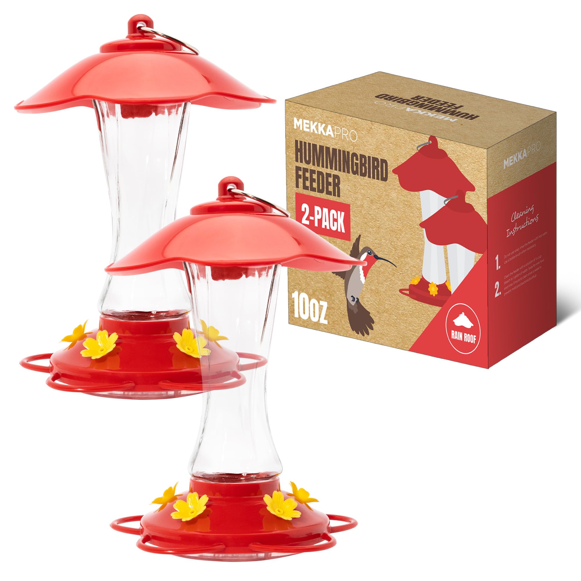 Photo 1 of MEKKAPRO Hummingbird Feeders for Outdoors Glass - Red Hummingbird Feeders for Outdoors, Metal Ring, Bee-Proof Design, Easy Assembly, Red Hummingbird Feeder 10 oz (2-Pack)
