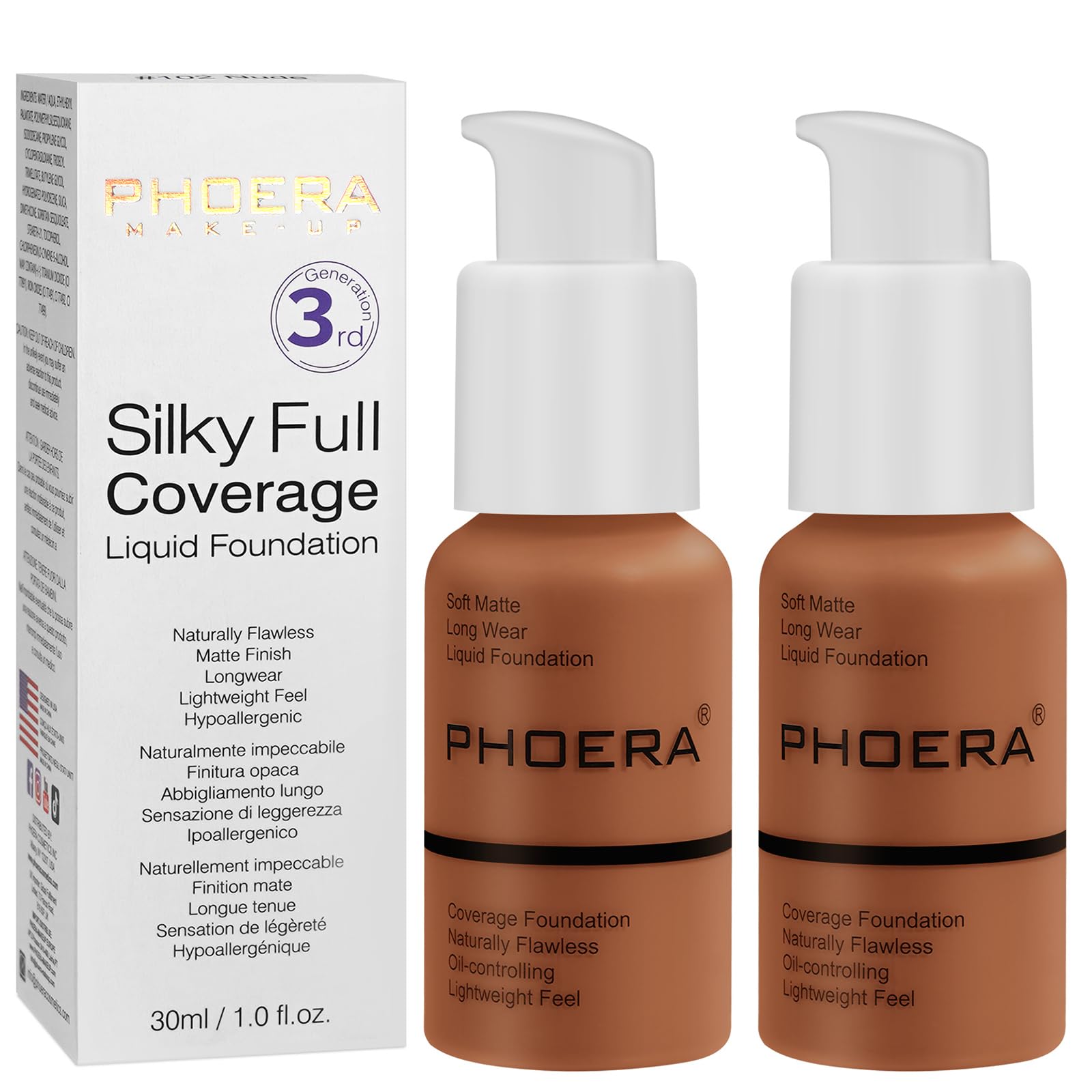 PHOERA Matte Liquid Foundation & Concealer, 30ml 24HR Matte Oil Control (2pcs- 109-Mocha) — image 1