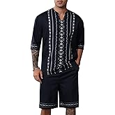 OYOZONE Men's Print Linen Shirts and Shorts Set Short Sleeve 2 Piece Beach Vacation Outfits Summer Yoga Suits With Pockets