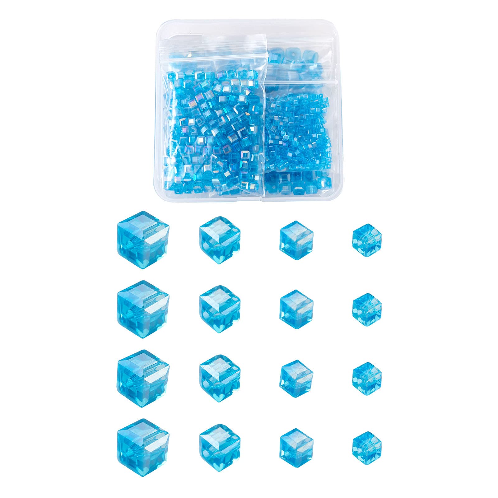 Beadthoven 672pcs Cube Glass Beads Faceted Crystal Square Bead Charms AB Color Plated 2mm/4mm/6mm/8mm for Jewellery Crafts Making Hole: 0.5-1mm, Light Sky Blue
