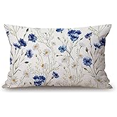 Solekla 12x20 Inches Pillow Covers Rustic Farmhouse Decor Watercolor Flowers Pillowcases Cotton Linen Blue Cornflower White Daisy Throw Pillow Case Cushion Cover for Sofa Couch Bedroom