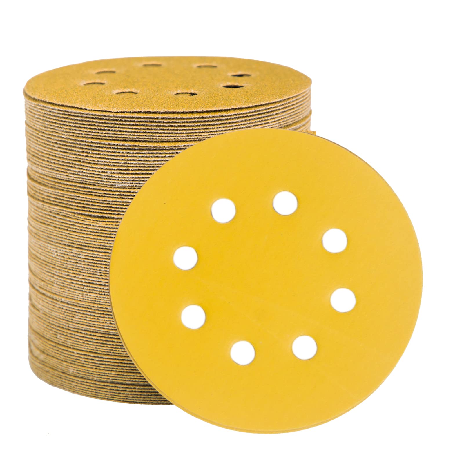 STEBRUAM 100pcs 125mm sanding discs, Sanding Discs Pads for Random Orbital Sander pads and All Oscillating Tools, yellow sanding discs 125mm Hook and Loop 600 Grit 8 Hole 5 Inch Round