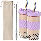 Amyoole 2 Pack Reusable Boba Cup,24Oz Wide Mouth Smoothie Cup,mason Jar Glass Cups with Lids and Straws,Bubble/Boba Tea Cups,Ice Coffee Tumbler 2 colored straws 1 sponge brush(Purple)